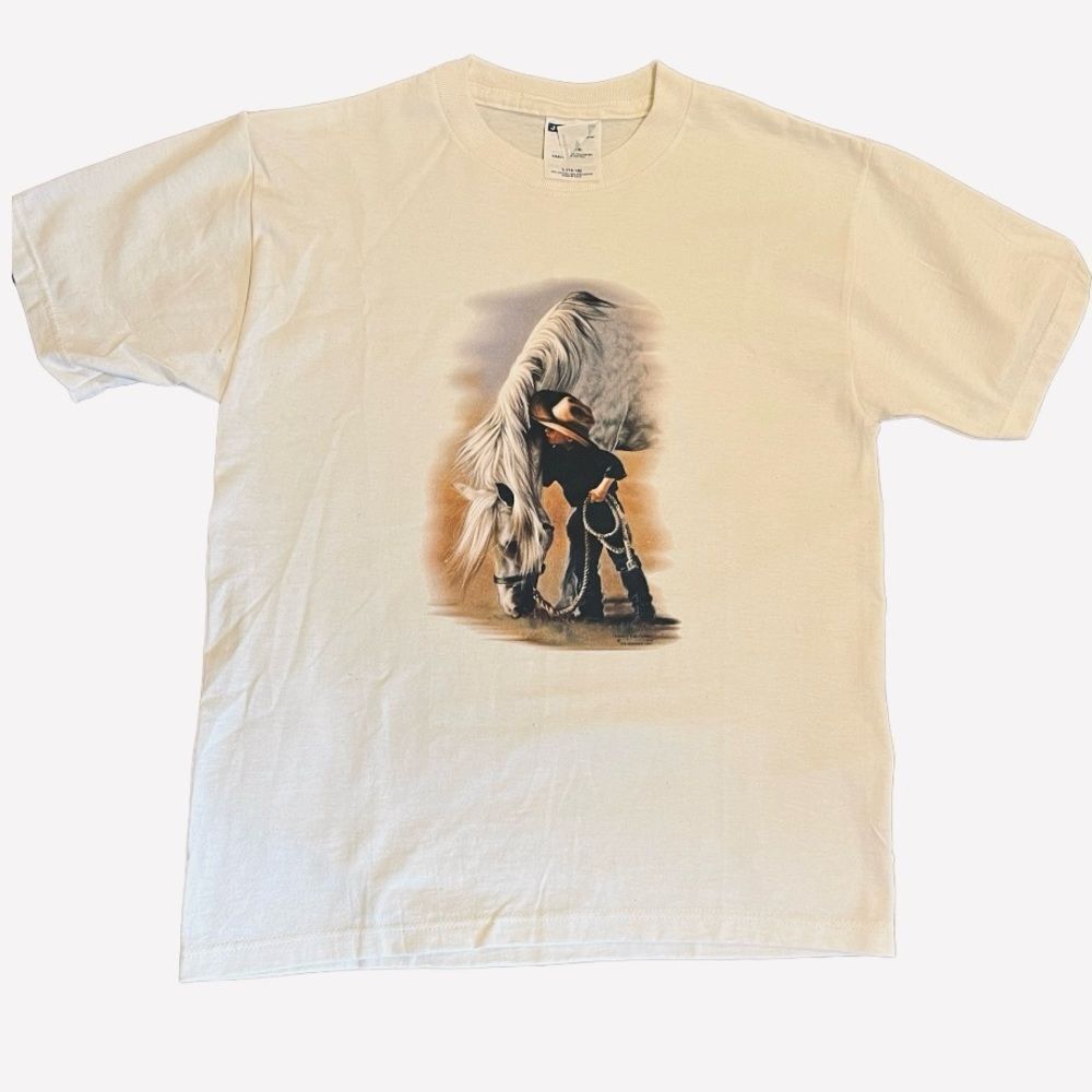 COWBOY T SHIRT BOYS LARGE 14/16 CREAM W/ TINY BROWN SPECKLES A BOY AND A HORSE